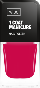 Lakier do paznokci Wibo 1 Coat Manicure w jaskrawym odcieniu fuksji. Czarna etykieta z białym tekstem, ujęcie z przodu.