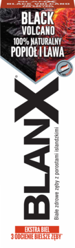 Pionowe opakowanie pasty BlanX Black Volcano. Biało-czarny design z lawą i popiołem, obiecuje 3 odcienie bielsze zęby.