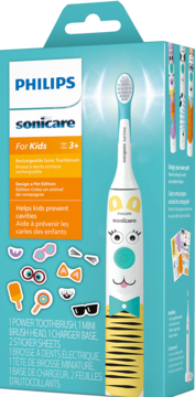 Philips Sonicare For Kids, soniczna szczoteczka elektryczna w opakowaniu, z naklejkami, ładowarką i główką.