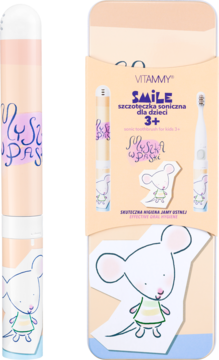 VITAMMY SMILE, biała szczoteczka soniczna dla dzieci z Myszką w Paski, obok otwarte pudełko z zestawem.