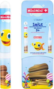 Dziecięca szczoteczka soniczna VITAMMY MiniMini+ Smile w niebieskim pudełku z rybką, widok z przodu.