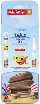 Vitammy Smile soniczna szczoteczka dla dzieci 3+, MiniMini+ na niebieskim opakowaniu z żółtą rybką.