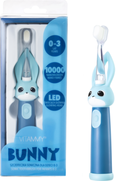 Dziecięca szczoteczka soniczna Vitammy Bunny w kształcie królika, niebieska, z LED, widok z pudełkiem.