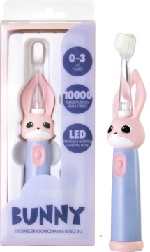 Urocza różowo-niebieska soniczna szczoteczka Vitammy Bunny dla dzieci 0-3, widoczna w pudełku i obok.