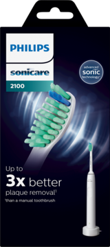 Czarne pudełko szczoteczki sonicznej Philips Sonicare 2100, z grafiką zielono-niebieskiej główki i tekstem.
