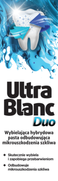 Reklama Ultrablanc Duo: pasta wybielająca odbudowująca szkliwo. Grafika z zębem w niebieskiej cieczy.