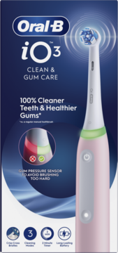 Oral-B iO3 różowa szczoteczka elektryczna w opakowaniu, z czujnikiem nacisku, dla czystszych zębów i dziąseł.