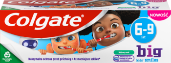 Pasta Colgate Big Kids Smiles 6-9 lat, biała tubka z dwojgiem uśmiechniętych animowanych dzieci myjących zęby.