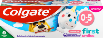Colgate First Smiles, truskawkowa pasta dla dzieci 0-5 lat. Biało-niebieskie pudełko z uśmiechniętymi postaciami.