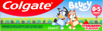 Colgate Bluey pasta do zębów 0-5 lat truskawkowa 50ml. Biało-czerwona tubka z Bluey i Bingo na zieleni.