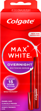 Colgate Max White Overnight Whitening Serum w czerwonym pudełku z aplikatorem, odwraca 15 lat przebarwień, widok z przodu.