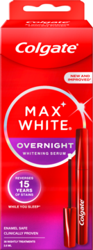 Colgate Max White Overnight Whitening Serum w czerwonym pudełku z aplikatorem, odwraca 15 lat przebarwień, widok z przodu.