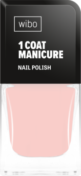 Wibo 1 Coat Manicure Nail Polish w jasnoróżowym odcieniu, w czarnym opakowaniu i szklanej butelce, widok z przodu.