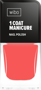 Czerwony lakier do paznokci Wibo 1 Coat Manicure w przezroczystej butelce z czarną nakrętką, widok z przodu.