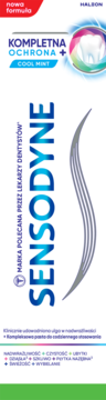 Front opakowania pasty Sensodyne Kompletna Ochrona + Cool Mint, białe, z niebieskim pionowym napisem SENSODYNE.