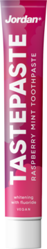 Jordan TastePaste Raspberry Mint toothpaste, pink tube, front view. Whitening with fluoride, vegan.