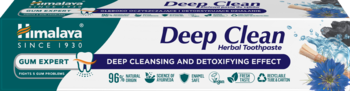 Himalaya Deep Clean ziołowa pasta do zębów, turkusowe opakowanie z napisem 'Deep Clean' i efektem głębokiego oczyszczania.