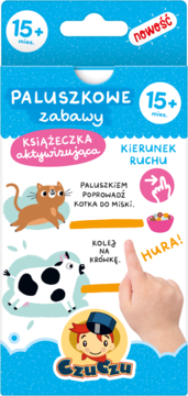 Niebieska książeczka Paluszkowe Zabawy dla dzieci 15m+, z ilustracjami kota i krowy do śledzenia palcem.