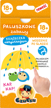 Czuczu Paluszkowe Zabawy książeczka do wodzenia po śladzie, 18+, z ilustracją parasola, deszczu i dłoni.