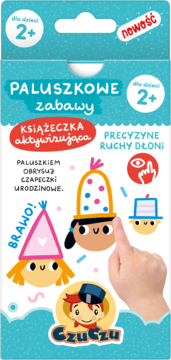 Książeczka CzuCzu Paluszkowe Zabawy dla 2+ lat, rozwija precyzyjne ruchy dłoni. Niebieskie opakowanie z ilustracjami do obrysowywania.