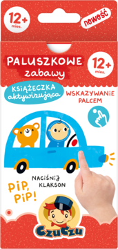 Czuczu Paluszkowe Zabawy, czerwono-biała książeczka aktywizująca 12+ miesięcy z autem. Widok z przodu.