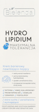 Bielenda Hydro Lipidum krem barierowy do skóry suchej i wrażliwej. Białe opakowanie z niebieskim logo, widok z przodu.