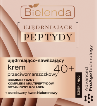 Bielenda ujędrniająco-nawilżający krem 40+ z Peptydami, beżowe opakowanie, widok z przodu.