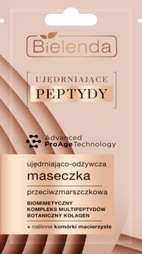 Bielenda Ujędrniająca Peptydowa Maseczka Przeciwzmarszczkowa, beżowa saszetka z miedzianymi napisami, widok z przodu.