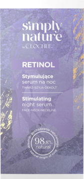 Simply Nature Retinol serum w fioletowym opakowaniu, widok z przodu, z napisem "98.8% natural".