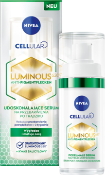 NIVEA Cellular Luminous 630 serum na przebarwienia, opakowanie i butelka z pompką, biało-zielono-złote.
