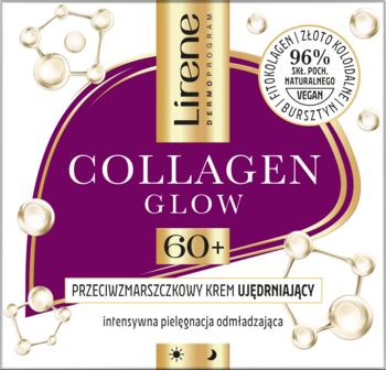 Lirene Collagen Glow 60+ krem ujędrniający z kolagenem, w purpurowo-złotym opakowaniu, widok z przodu.