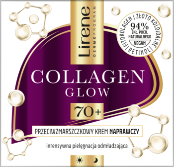 Lirene Collagen Glow 70+ krem, fioletowo-złota etykieta z tekstem i koloidalnym złotem, widok z przodu.