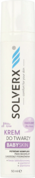 Biała butelka kremu do twarzy Solverx Babyskin 50ml, dla dzieci od 1. dnia życia, z fioletowymi detalami, widok z przodu.