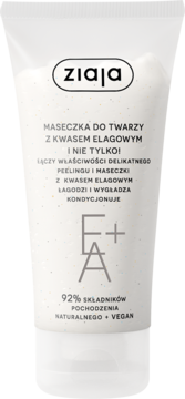 Ziaja EA+ Maseczka do twarzy z kwasem elagowym, biała tubka z drobinkami peelingującymi, wegańska, widok z przodu.