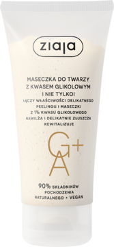 Ziaja Maseczka do twarzy z kwasem glikolowym w białej tubce, widok z przodu, z napisem GA+ i wegańska.