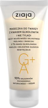 Ziaja maseczka do twarzy z kwasem glikolowym w białej tubie, widok z przodu. Wegańska, 90% naturalnych składników.