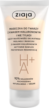 Ziaja maseczka do twarzy z kwasem hialuronowym, peelingująca, wegańska, w beżowej tubce, widok z przodu.