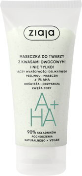 Ziaja Maseczka do twarzy AHA+ w białej tubce, z kwasami owocowymi, 90% naturalna, widok z przodu.