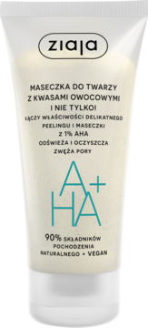Biała tubka Ziaja Maseczka Peeling AHA+ z 1% kwasów owocowych, vegan, widok z przodu.