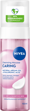 NIVEA Caring Cleansing Mousse 150ml, różowa butelka, z olejkiem arganowym i kwasem hialuronowym dla suchej cery.