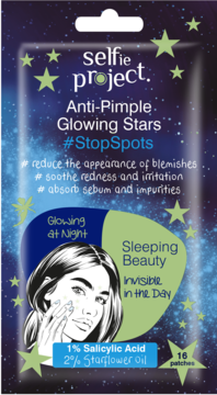 Selfie Project Anti-Pimple Glowing Stars, 16 patches with Salicylic Acid and Starflower oil. Front view.