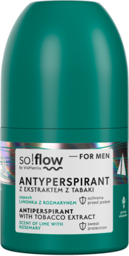So!flow męski antyperspirant roll-on z ekstraktem z tabaki, limonka i rozmaryn, zielona butelka, widok z przodu.