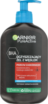 Garnier PureActive żel oczyszczający z BHA i węglem, czarna butelka z niebieską pompką, widok z przodu.