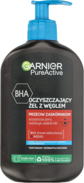 Garnier PureActive żel oczyszczający z BHA i węglem, czarna butelka z niebieską pompką, widok z przodu.