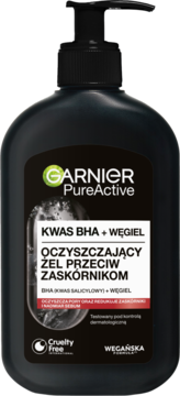 Garnier PureActive żel przeciw zaskórnikom z BHA i węglem, czarna butelka z pompką, widok z przodu.