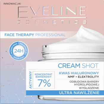 Eveline Cream Shot, ultra-nawilżający krem z 7% koncentratem bariery, biały słoiczek z dużą dawką kremu.