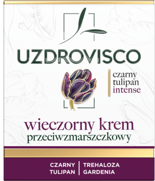 Uzdrovisco Czarny Tulipan Intense krem przeciwzmarszczkowy, białe pudełko z purpurowym tulipanem.