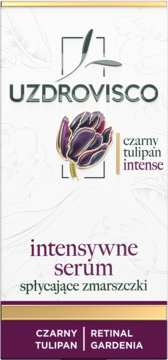 Uzdrovisco Czarny Tulipan Intense serum spłycające zmarszczki, front biało-fioletowego opakowania.