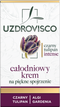 Krem Uzdrovisco Czarny Tulipan Intense na piękne spojrzenie, biało-złote opakowanie z grafiką czarnego tulipana.