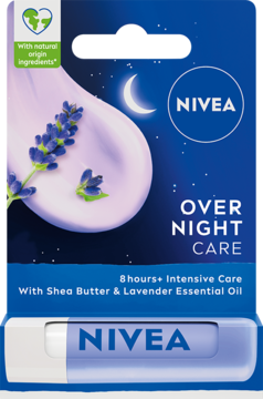 Pomadka Nivea Overnight Care w granatowym opakowaniu z motywem lawendy i księżyca, widoczny sztyft.